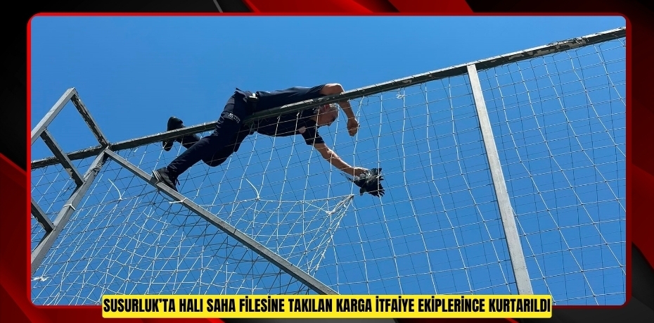 Susurluk’ta halı saha filesine takılan karga itfaiye ekiplerince kurtarıldı
